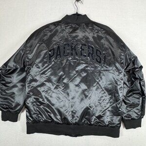Green Bay Packers Football Starter Jacket Mens L Black Satin Bomber